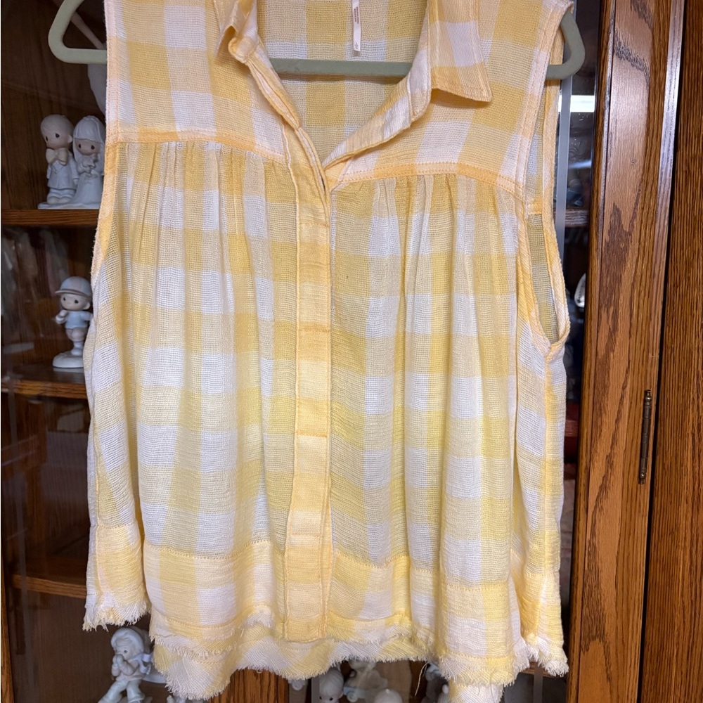Free People Yellow and White Checkered Blouse
